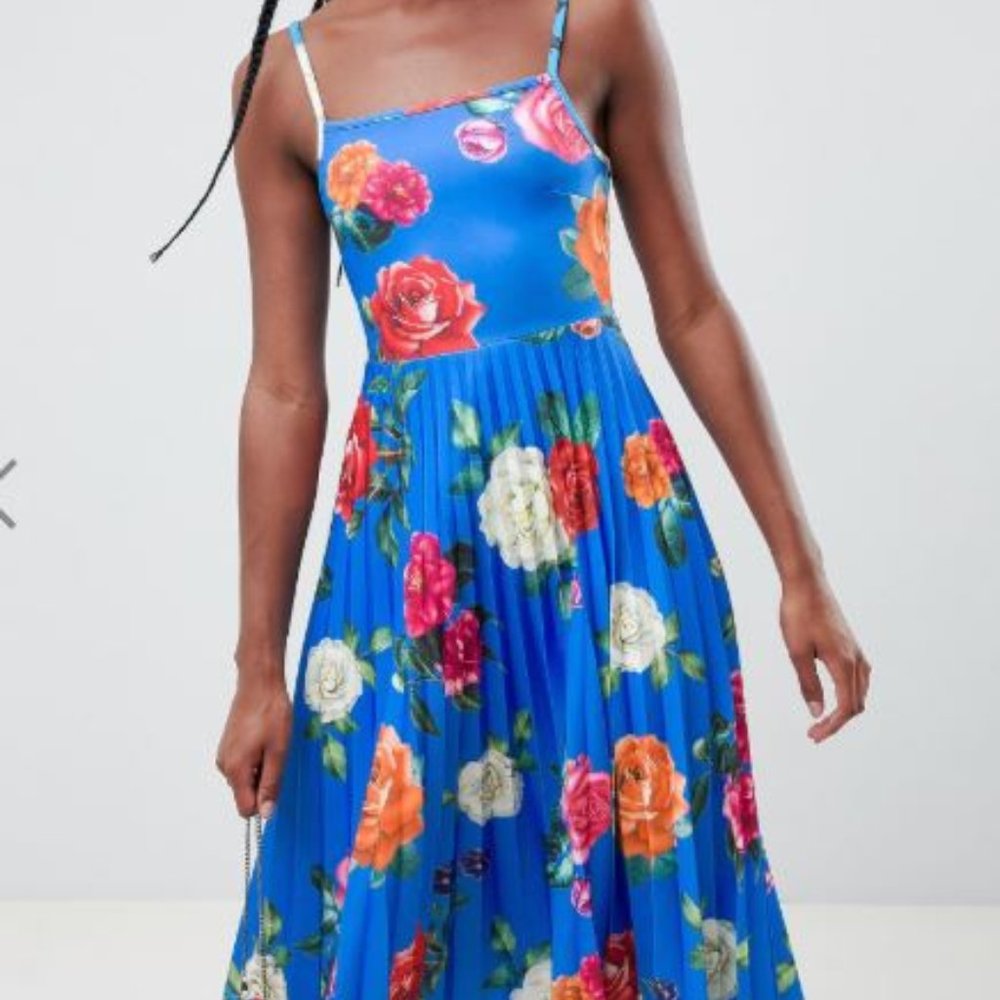 Tall - Scuba Floral Cami Pleated Midi Prom Dress
